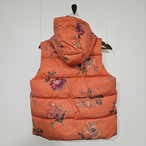 Sundance Urban Blooms Puffer Vest Orange Floral Hooded Pockets - Picture 3 of 8